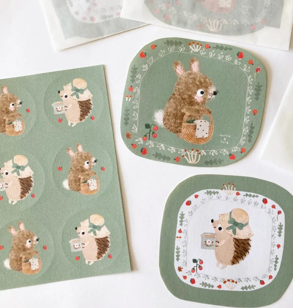 Cottontails Baby Stickers & Stationery|Bunny Cards & Stationery*Handmade Paper Stickers - Hedgehog & Bunny