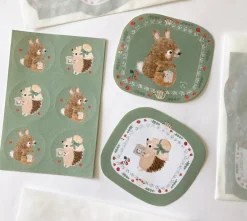 Cottontails Baby Stickers & Stationery|Bunny Cards & Stationery*Handmade Paper Stickers - Hedgehog & Bunny