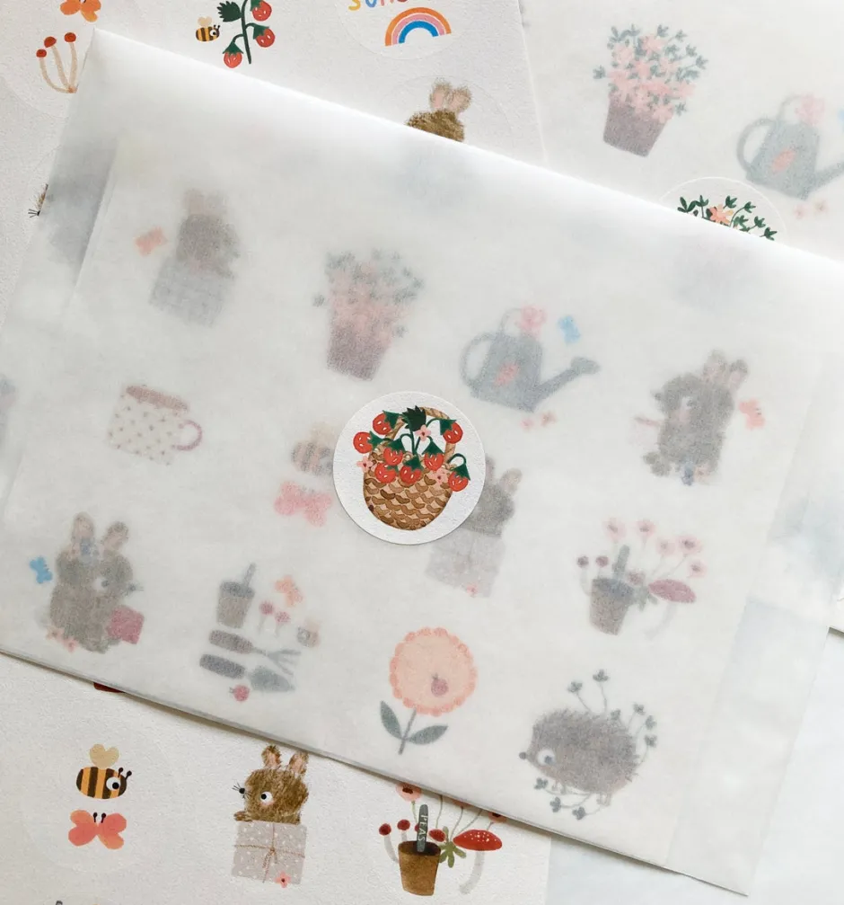 Cottontails Baby Stickers & Stationery|Bunny Cards & Stationery*Handmade Paper Stickers - Gardening Bunnies