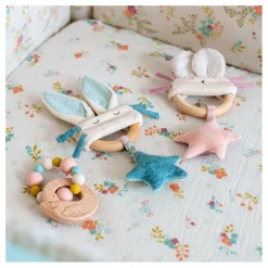 Cottontails Baby Bunnies For Babies|Comforters & Rattles*Moulin Roty wooden ring rattle - blue & cream rabbit