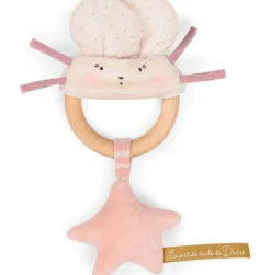 Cottontails Baby Comforters & Rattles*Moulin Roty wooden ring rattle - pink & cream mouse