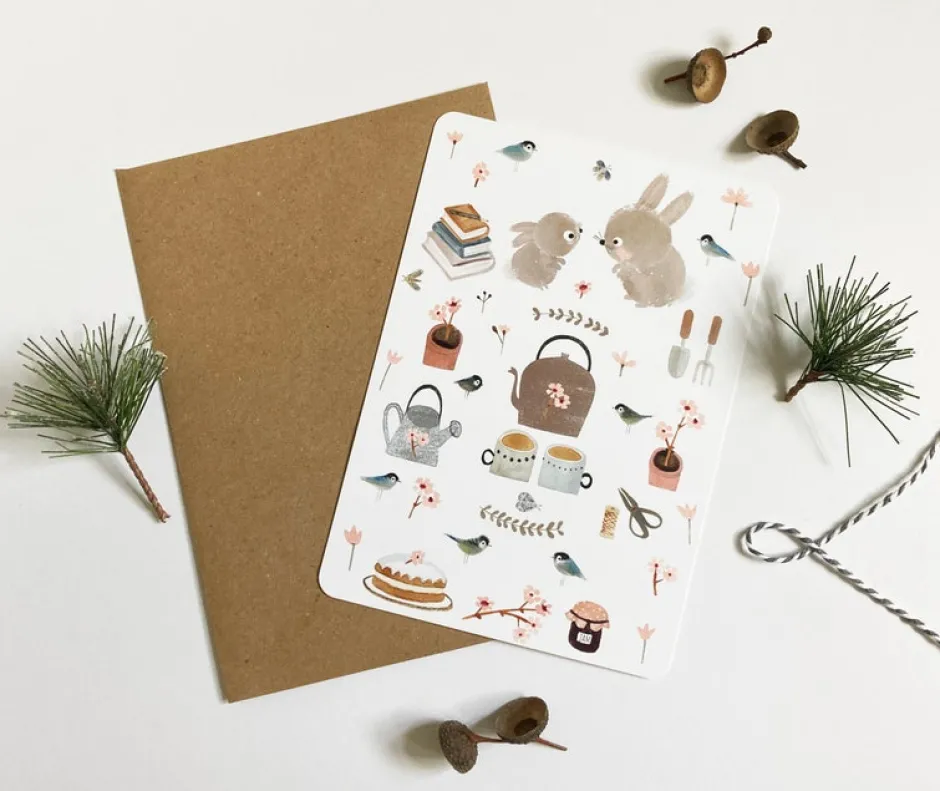 Cottontails Baby Cards|Bunny Cards & Stationery*Postcard & Envelope - Bunny Teatime