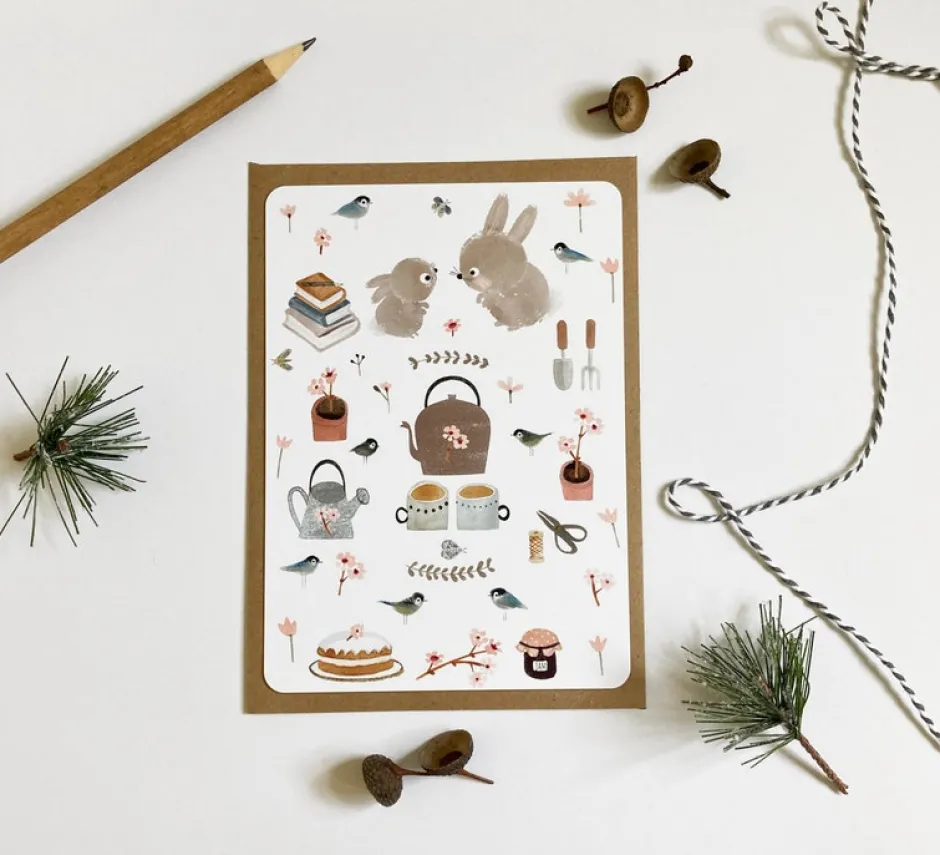 Cottontails Baby Cards|Bunny Cards & Stationery*Postcard & Envelope - Bunny Teatime