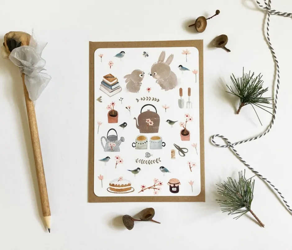 Cottontails Baby Cards|Bunny Cards & Stationery*Postcard & Envelope - Bunny Teatime