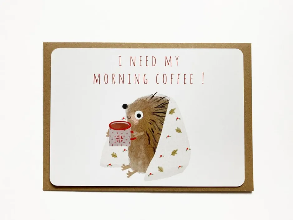 Cottontails Baby Cards*Postcard & Envelope - Hedgehog & Morning Coffee