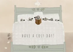 Cottontails Baby Cards*Postcard & Envelope - Mouse Family in Bed / Cosy Day